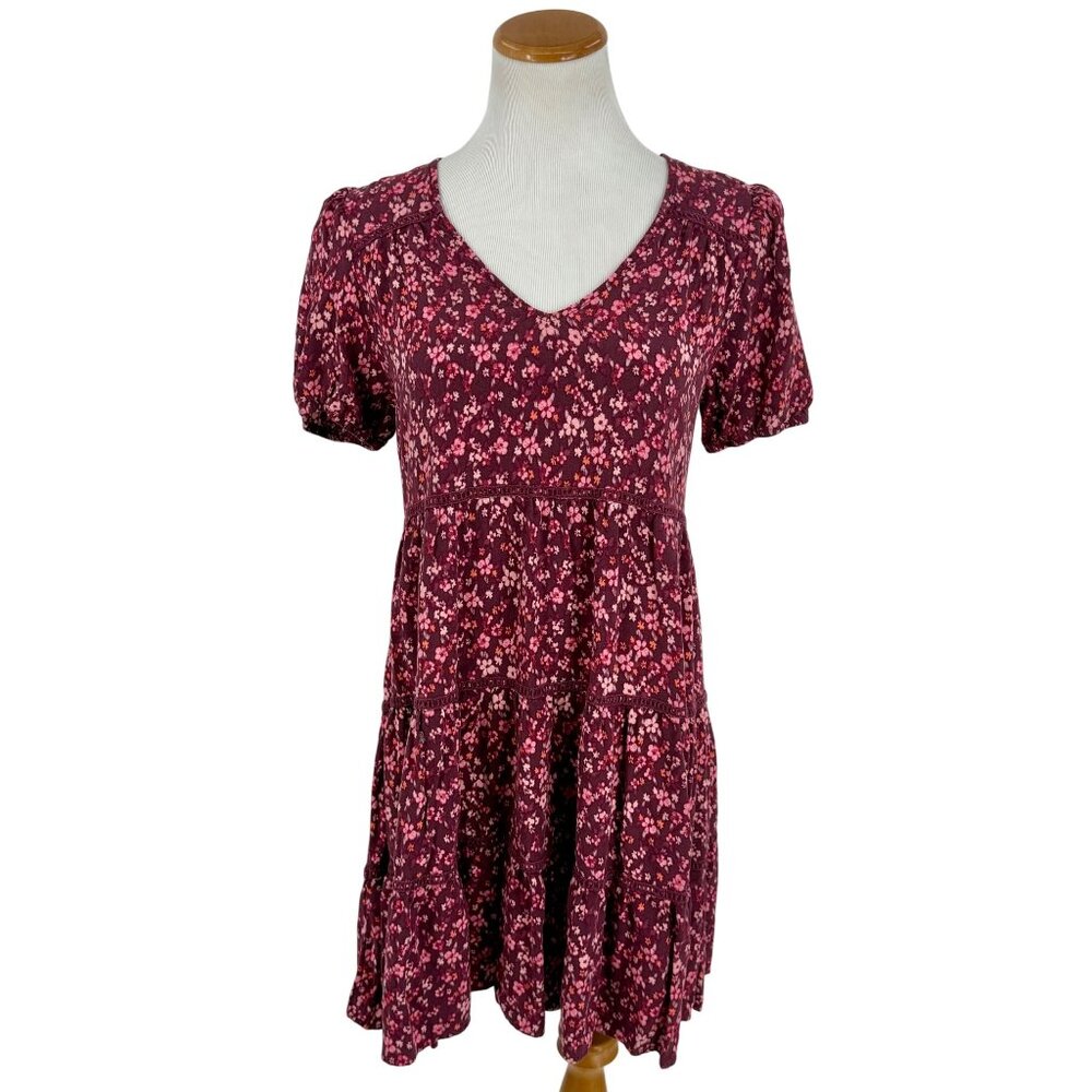 Wild Fable Burgundy Floral Crochet Trim Tiered Hem Grunge 90s Babydoll Dress - Picture 2 of 13